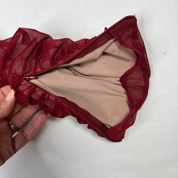 House of CB London Fifi Dress Sheer Ruched Mini Off Shoulder Red Wine Medium - Picture 13 of 16